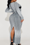 Black Celebrities Print Patchwork Slit Zipper O Neck Wrapped Skirt Plus Size Dresses