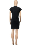 Black Casual Solid Patchwork O Neck Sleeveless Dresses