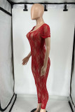 Red Sexy Solid Lace Hollowed Out Patchwork See-through U Neck Skinny Jumpsuits