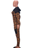 Leopard Print Sexy Leopard Patchwork See-through Zipper Zipper Collar Skinny Jumpsuits(No Belt)