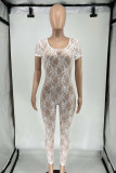 White Sexy Solid Lace Hollowed Out Patchwork See-through U Neck Skinny Jumpsuits