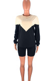 Black Casual Patchwork O Neck Long Sleeve Two Pieces