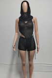 Black Sexy Solid Hollowed Out Sequins Patchwork U Neck Sleeveless Three Pieces