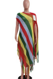 Red Yellow Sportswear Color Block Tassel Hollowed Out Patchwork Swimwears Cover Up