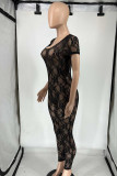 Black Sexy Solid Lace Hollowed Out Patchwork See-through U Neck Skinny Jumpsuits
