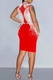 Red Elegant Patchwork See-through Hot Drill Half A Turtleneck Wrapped Skirt Dresses