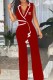 Red Work Elegant Print Patchwork Letter V Neck Jumpsuits