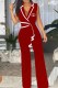 Red Work Elegant Print Patchwork Letter V Neck Jumpsuits