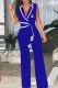 Blue Work Elegant Print Patchwork Letter V Neck Jumpsuits