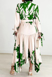 Green Elegant Print Patchwork With Belt Turndown Collar Irregular Dresses