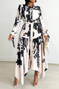 Black Elegant Print Patchwork With Belt Turndown Collar Irregular Dresses