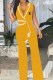 Yellow Work Elegant Print Patchwork Letter V Neck Jumpsuits