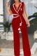 Red Work Elegant Print Patchwork Letter V Neck Jumpsuits