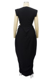 Black Street Solid Hollowed Out Patchwork Draw String O Neck Bud Dresses