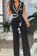 Black Work Elegant Print Patchwork Letter V Neck Jumpsuits