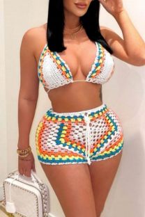 White Sexy Patchwork Bandage Backless Contrast Swimwears