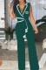 Ink Green Work Elegant Print Patchwork Letter V Neck Jumpsuits