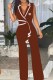 Coffee Work Elegant Print Patchwork Letter V Neck Jumpsuits