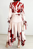Red Elegant Print Patchwork With Belt Turndown Collar Irregular Dresses