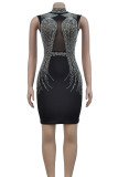 Black Elegant Patchwork See-through Hot Drill Half A Turtleneck Wrapped Skirt Dresses