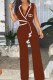 Coffee Work Elegant Print Patchwork Letter V Neck Jumpsuits