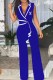 Blue Work Elegant Print Patchwork Letter V Neck Jumpsuits