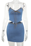 Blue Street Solid Bandage Patchwork Slit Strapless Sleeveless Two Pieces