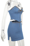 Deep Blue Street Solid Bandage Patchwork Slit Strapless Sleeveless Two Pieces