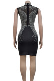 Black Elegant Patchwork See-through Hot Drill Half A Turtleneck Wrapped Skirt Dresses