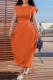 Tangerine Red Street Solid Hollowed Out Patchwork Draw String O Neck Bud Dresses
