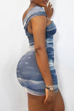 Navy Blue Street Print Patchwork Backless Asymmetrical Collar Wrapped Skirt Dresses