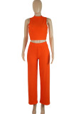 Tangerine Casual Solid Patchwork O Neck Sleeveless Two Pieces