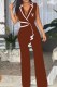 Coffee Work Elegant Print Patchwork Letter V Neck Jumpsuits