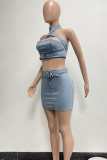 Blue Casual Solid Hollowed Out Patchwork Buttons Zipper O Neck Sleeveless Two Pieces