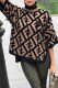 Dark Brown Casual Street Letter Patchwork Asymmetrical Turndown Collar Tops