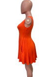 Orange Red Sweet Solid Patchwork Pocket Fold O Neck A Line Dresses