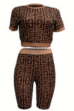 Dark Brown Sexy Print Patchwork O Neck Short Sleeve Two Pieces