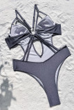 Grey Sportswear Solid Hollowed Out Patchwork Swimwears(With Paddings)