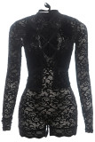 Black Celebrities Solid Lace Hollowed Out Patchwork Asymmetrical Collar Long Sleeve Two Pieces