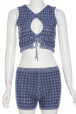 Blue Casual Solid Bandage Patchwork O Neck Sleeveless Two Pieces