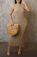 Khaki Street Solid Ripped Patchwork O Neck Beach Dresses