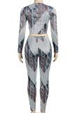 Grey Sexy Print Patchwork O Neck Long Sleeve Two Pieces