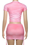 Pink Sweet Solid Patchwork Cross Straps O Neck Short Sleeve Two Pieces