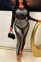Grey Sexy Patchwork See-through O Neck Long Sleeve Two Pieces