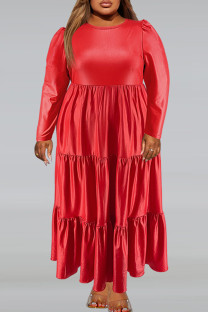 Red Vintage Solid Patchwork Fold Zipper O Neck Cake Skirt Plus Size Dresses