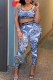 Blue Casual Print Patchwork Letter U Neck Sleeveless Two Pieces