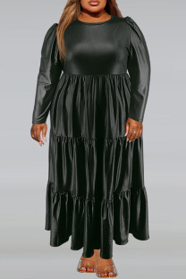 Black Vintage Solid Patchwork Fold Zipper O Neck Cake Skirt Plus Size Dresses