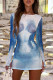 Blue Casual Print Patchwork O Neck Wrapped Skirt Dresses