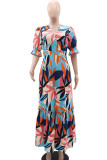 Multicolor Elegant Print Patchwork Flounce Slit Zipper V Neck Long Dresses