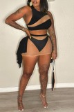 Black Sexy Solid Patchwork See-through O Neck Plus Size Swimsuit Three Piece Set (Without Paddings)